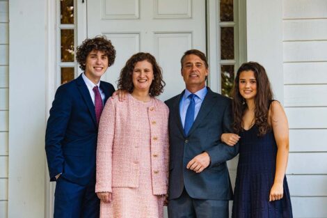 President Hurd with son Matthew, husband Bill, and daughter Monica in front of president's residence