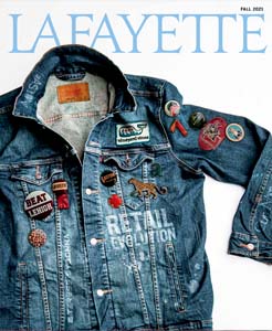 cover of the fall 2021 magazine features denim jacket with pins and patches