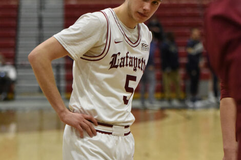 Sophomore Eric Sondberg wears the Lafayette men's basketball throwback uniforms