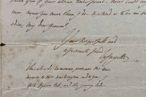 hand-written letter with script writing with Lafayette's signature