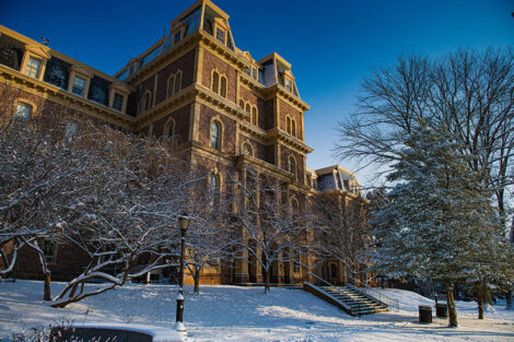 Pardee Hall, surrounded by snow.