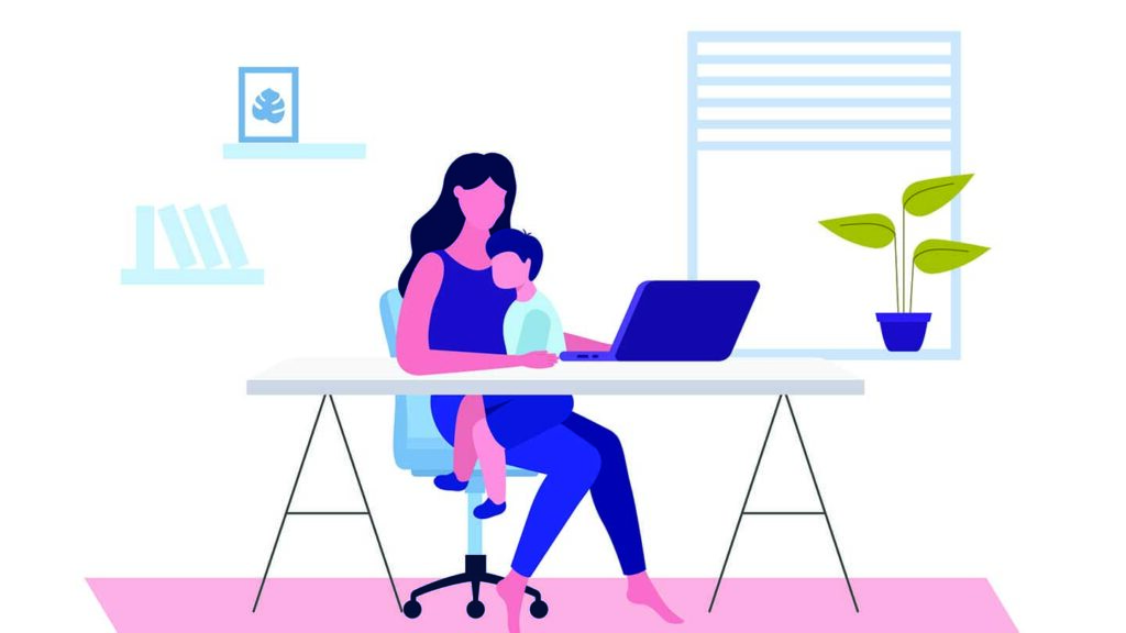 illustration of woman at a desk with laptop and young child on lap