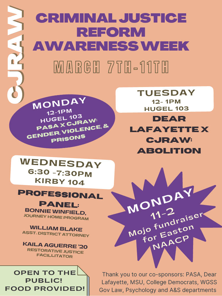 Poster listing event details for Criminal Justice Reform Awareness Week at Lafayette College