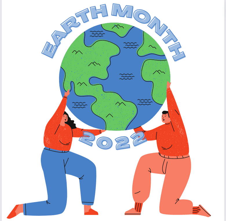 illustration of two people holding the Earth above their heads, Earth Month 2022