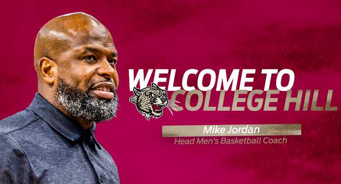 Mike Jordan smiles, Welcome to College Hill graphic with roaring leopard