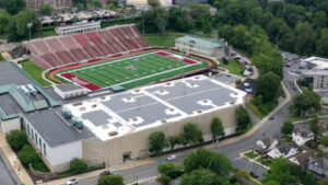 overhead image of solar panels on Kirby Sports Center, Fisher Field