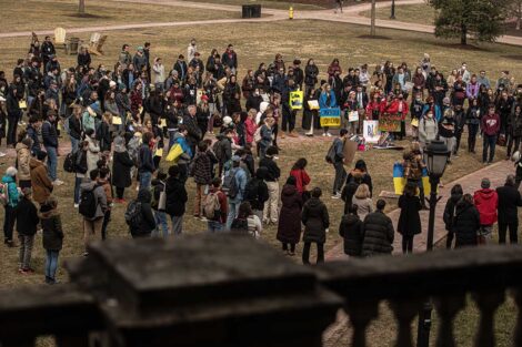 students, faculty gathered on the Quad, some holding signs about Ukraine and Russia