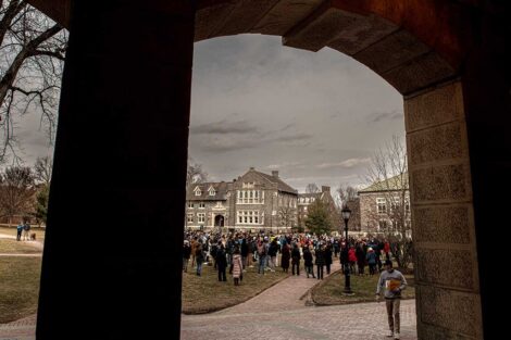 view of a rally on the Quad from the front of Pardee