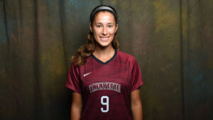 Ani Khachadourian ’25 smiles wearing her Lafayette soccer jersey with number 9