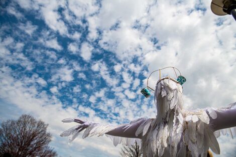 A student covered in feathers has her arms outstretched against the blue sky