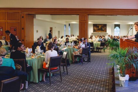 dining room in Marquis is filled with faculty and administrators sitting at tables