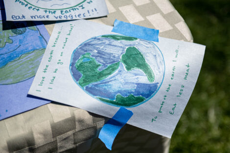 artwork shows a drawing of the Earth with a pledge to eat less meat to help the Earth