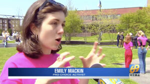Emily Mackin speaks to WFMZ, her name in a graphic across the bottom of the screen