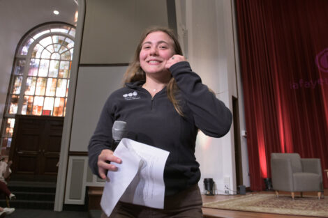 student MC leaves Colton Chapel stage with big smile