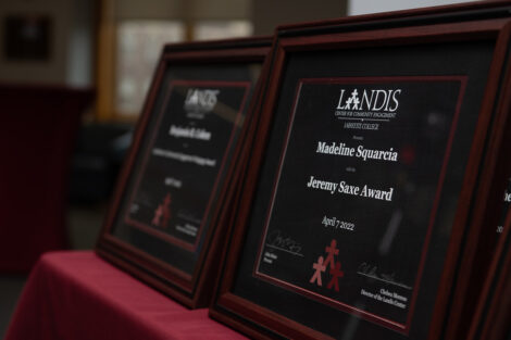 a collection of Landis awards sit on a table