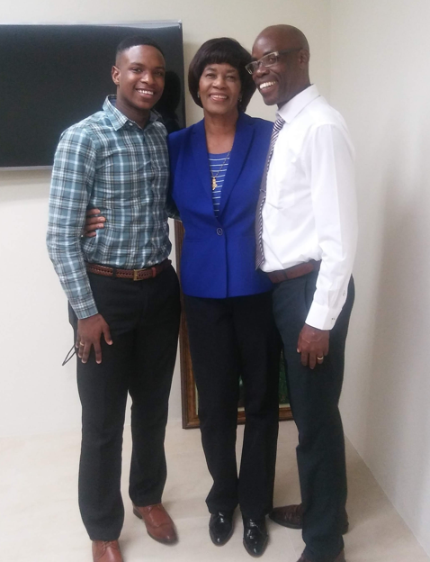 Alex Ashley '22 and his dad visiting with and thanking former Jamaican Prime Minister Portia Simpson Miller for facilitating the Lafayette-Jamaica Scholarship.