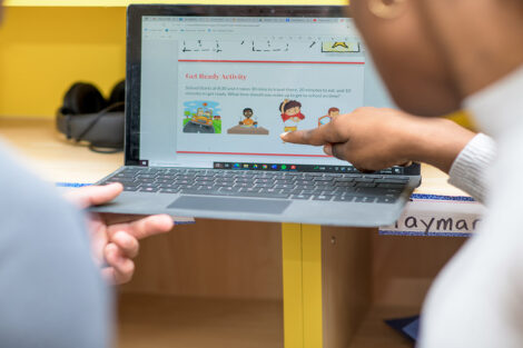 A laptop computer showing a children's elementary program about engineering
