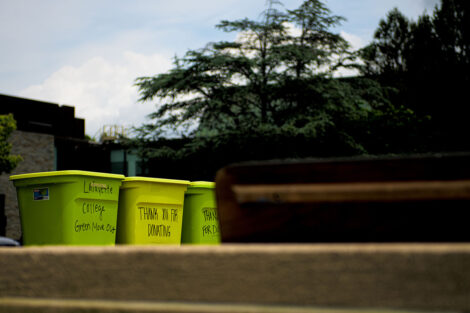 green move out bins sit outside in a row