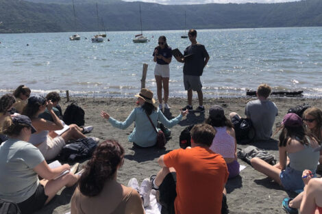 Summer 2022 Italy Study Abroad students give a lecture in front of Lake Albano