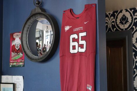 Lafayette football jersey hanging on the wall of Bayou restaurant in downtown Easton