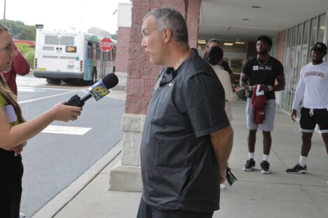 Lafayette head football coach John Troxell being interviewed by WFMZ news reporter