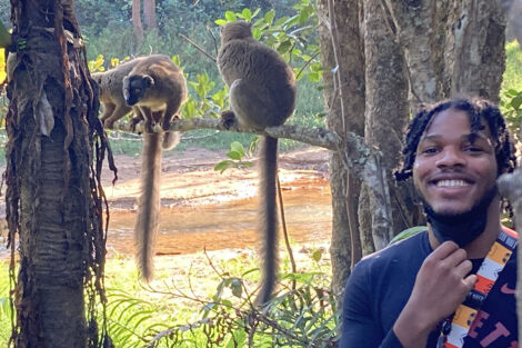 QueSton Bell '23, 2022 LIME mentee, gets up close with lemurs in Madagascar