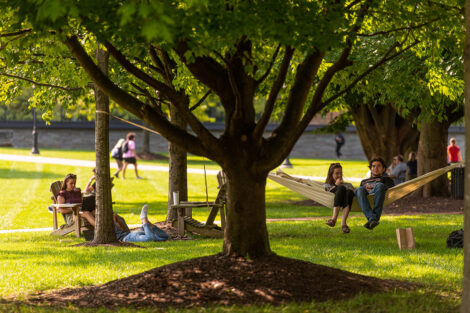 Students and families sit in hammocks and chairs across the Quad.