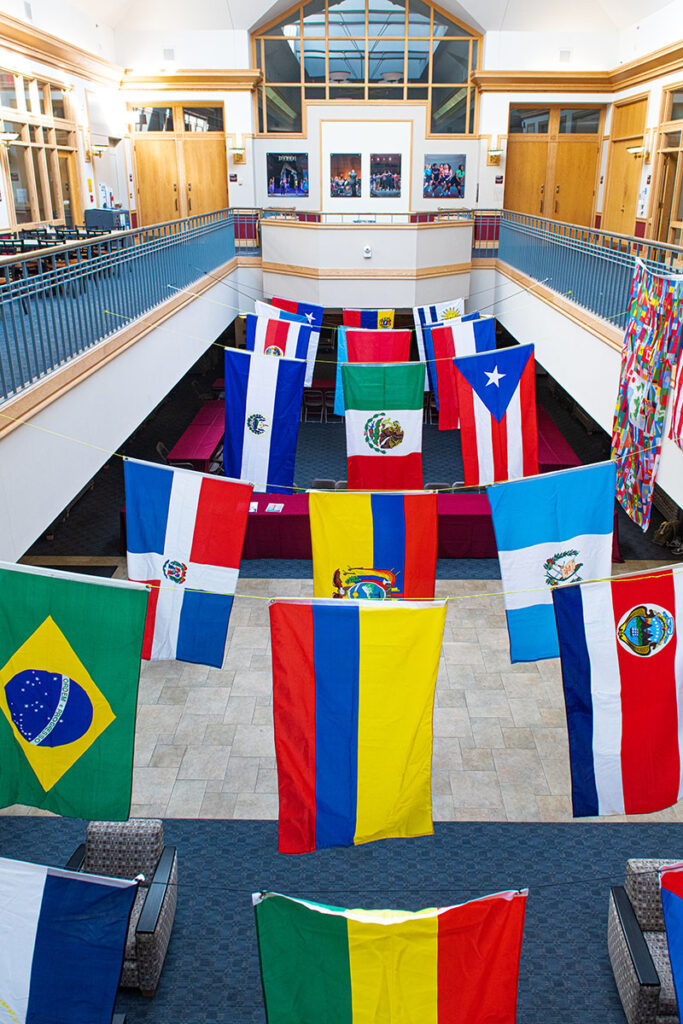 Flags representing different countries are on display in Farinon Student Center for Latinx Heritage Month.