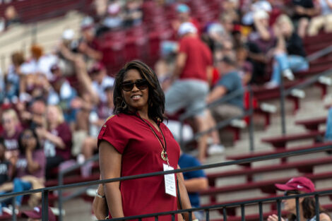 Sherryta Freeman smiles in the stands.