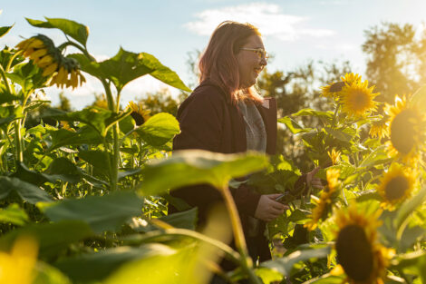 A student walks amongst sunflowers at LaFarm.