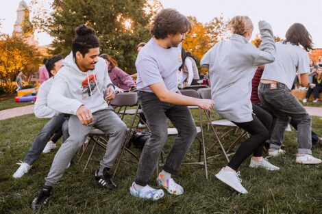 Students playing musical chairs on the Quad at Lafayette's Fall Fest 2022