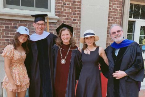 Standing outside arm in arm are Elin Bergh, Chip Bergh '79 H'22, President Nicole Farmer Hurd, Juliet Bergh, and Professor Ilan Peleg at Lafayette's 2022 Commencement.