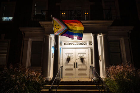 A pride flag hangs outside of Lavender Lane