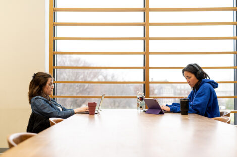 Two students study at a large table in front of a window in Skillman.