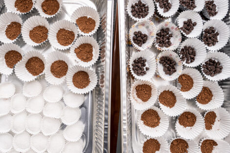 Cupcake liners hold chocolate, chocolate chips, and other materials.