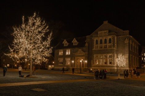 The Quad is filling with illuminating lights on trees and buildings.