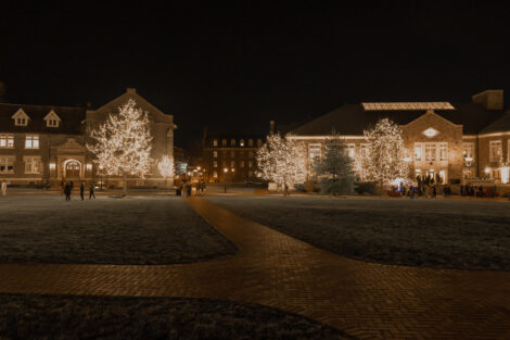 The Quad is filling with illuminating lights on trees and buildings.