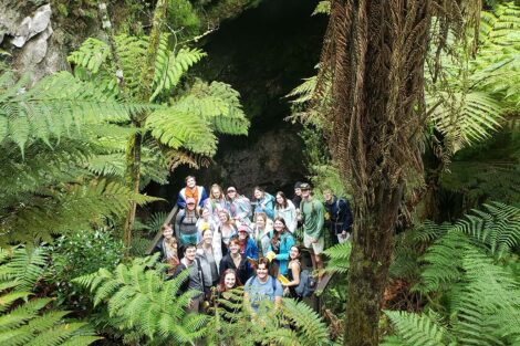 Students explore Orakei Korako Cave.