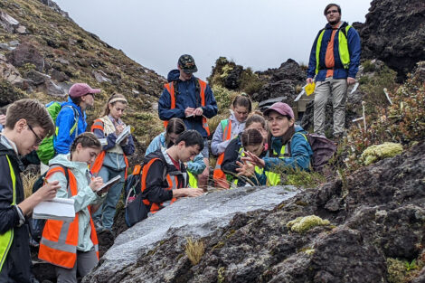 Prof. Carley teaches students on Mount Tongariro.