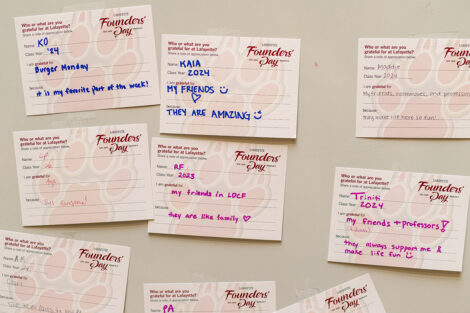 Index cards are filled with messages of gratitude, with students answering the prompt: what you are grateful for at Lafayette?