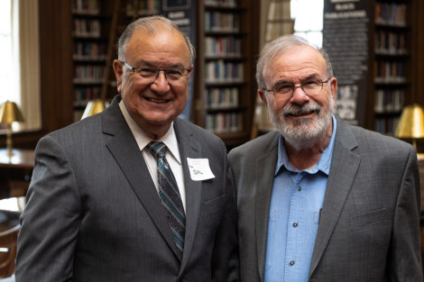 Easton Mayor Sal Panto Jr. and Ilan Peleg, Charles A. Dana Professor of Government and Law at the portrait dedication are standing next to each other smiling.