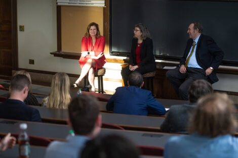 Wide angle view of President Nicole Hurd moderated a discussion following the portrait dedication with Margo Schlanger and Bruce Murphy during the discussion held in Kirby Hall of Civil Rights.