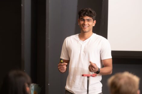 Kashif Chopra ’26 (electrical and computer engineering) discusses Spotr, which aims to solve the problem of finding available study rooms on college and university campuses. Spotr took first place.