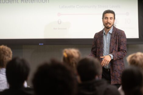 Remy Oktay ’24 (engineering studies and environmental studies) was part of the team that pitched BranchOut, a venture that would bring tree swings to college and university campuses to improve student joy and mental health.