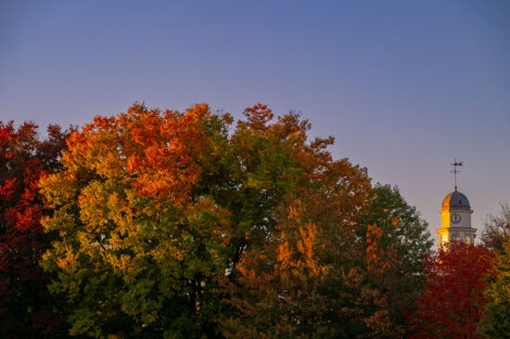 The top of a campus building is seen adjacent to campus fall foliage.