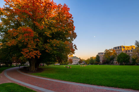 A fall campus scene featuring the Quad and Pardee Hall.