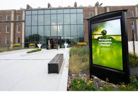 A digital sign outside Hugel Welcome Center reads welcome Lafayette Alumni.