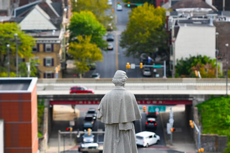 View of the back of the Civil War statue looking out toward Easton.