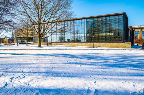 A winter scenic featuring Skillman Library.