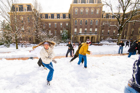 Students participate in a campus-wide snowball fight.
